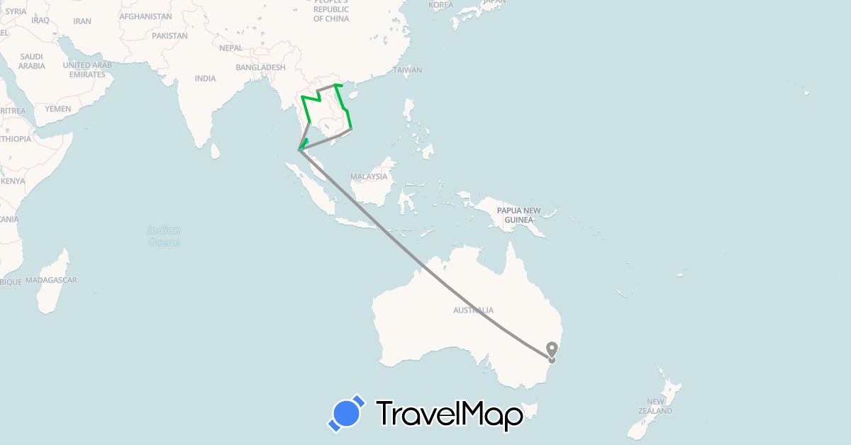TravelMap itinerary: driving, bus, plane, boat in Australia, Laos, Thailand, Vietnam (Asia, Oceania)